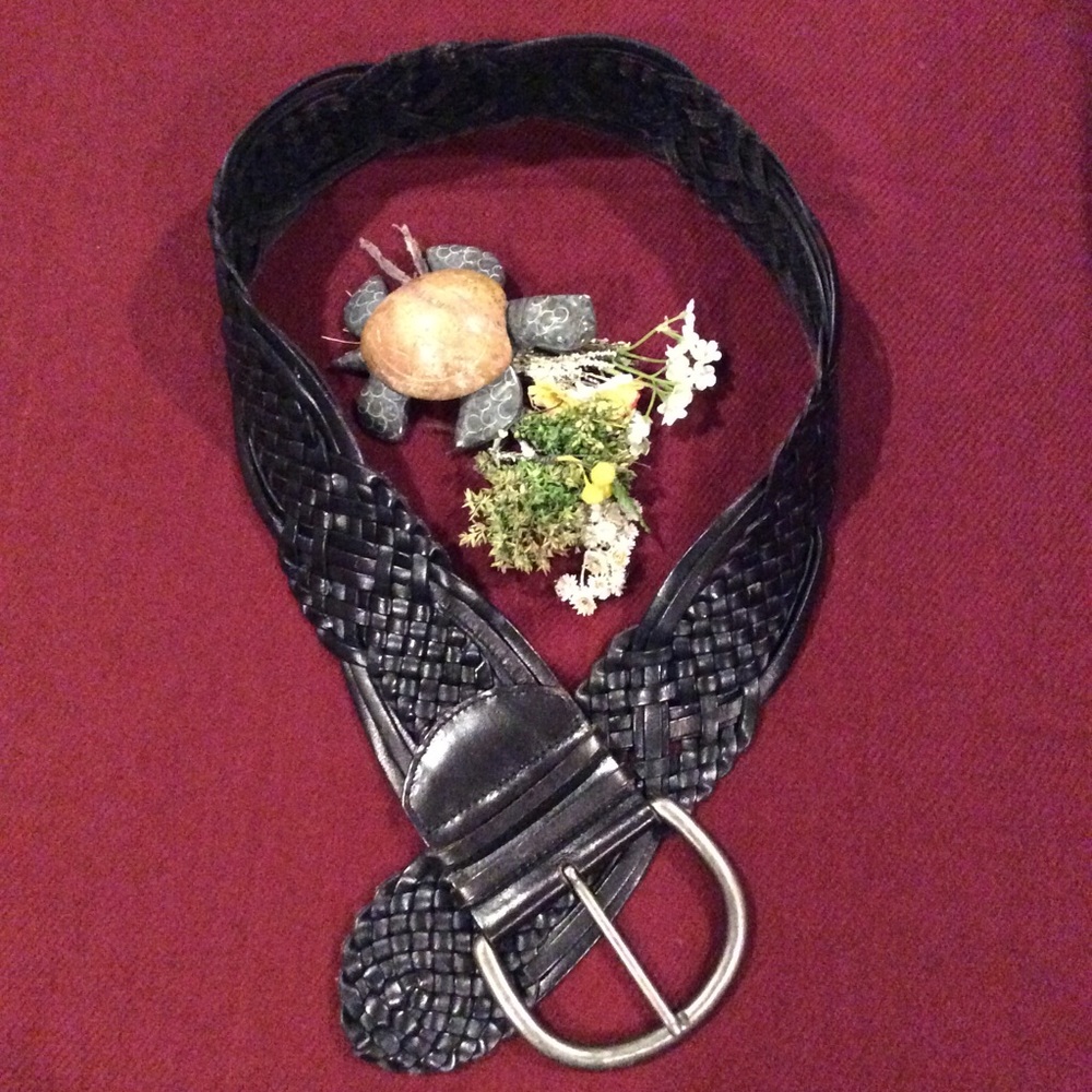 Wide, woven black leather Celtic knot belt